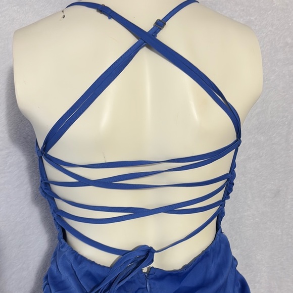 Blue Mini Dress Crisscross Back Sleeveless Ruched Bodycon Party Cocktail - Picture 6 of 7